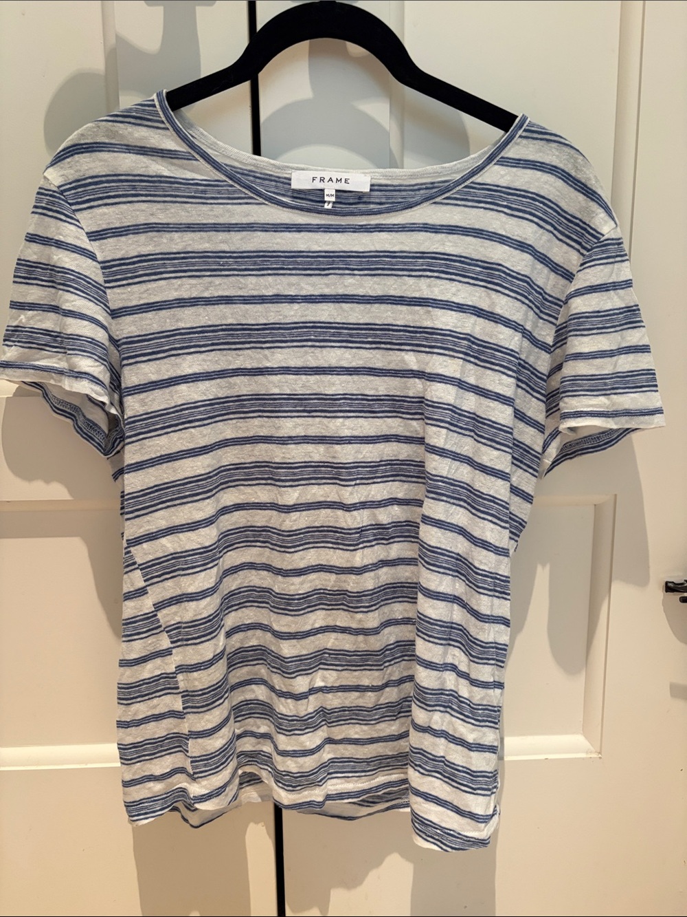 Frame Denim Blue and White Striped Short Sleeve Tee